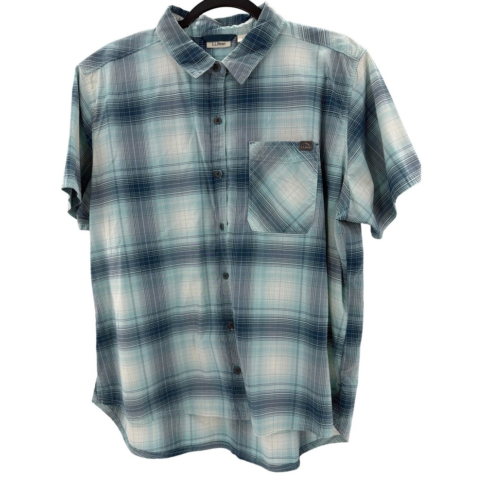 LL Bean Mens XL Short Sleeve Plaid Button Down Shirt Blue Teal Casual‎ Outdoor